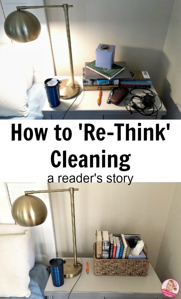 A Reader Shares How She 'Re-Thinks' about Cleaning Declutter Nightstand before and after at ASlobComesClean.com