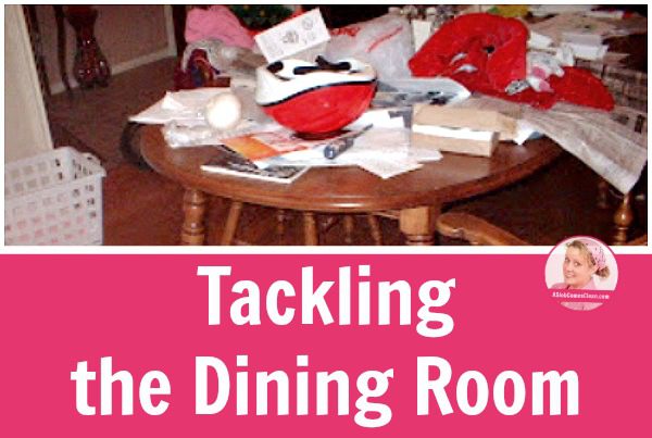 Decluttering-the-Dining-Room-Table title at ASlobComesClean.com_