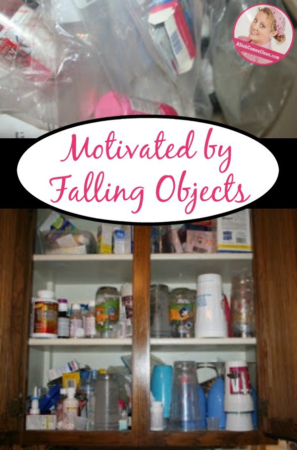 Motivated by Falling Objects decluttering the kitchen cabinet at ASlobComesClean.com