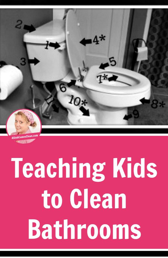 Teaching Kids to Clean Bathrooms pin at ASlobComesClean.com