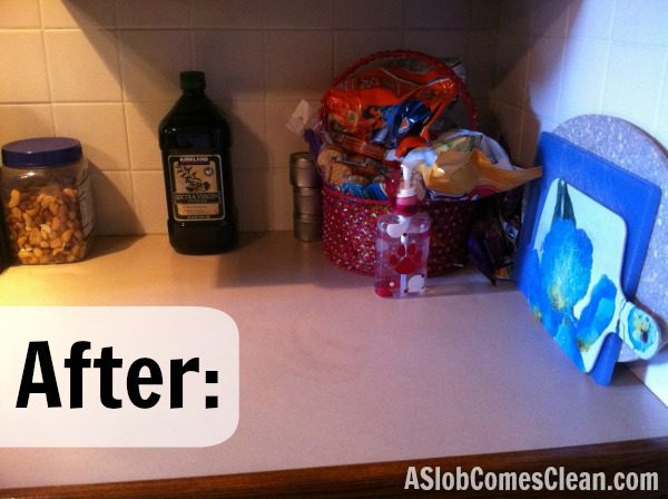 Decluttered Kitchen Counter After Picture at ASlobComesClean.com