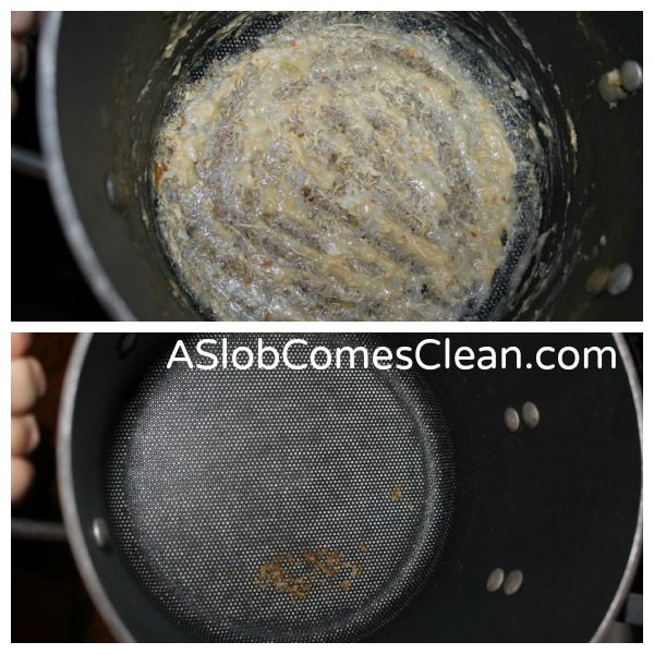 Burnt on Cheesy Soup Before and After at ASlobComesClean.com