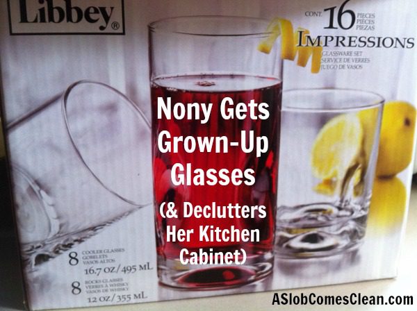 Nony Gets Grown-Up Glasses and Declutters Her Kitchen Cabinet at ASlobComesClean.com