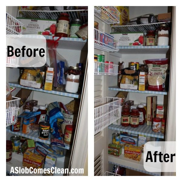 Before and After Pics of Decluttering My Kitchen Pantry at ASlobComesClean.com