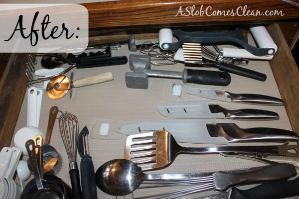 After Photo of Decluttering the Kitchen Drawer at ASlobComesClean.com