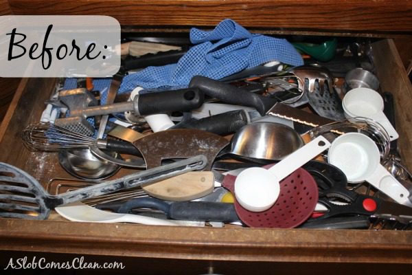 Insanely Messy Kitchen Drawer Before Photo at ASlobComesClean.com
