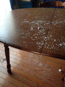 Styrosnow all over the dining room table - ASlobComesClean.com