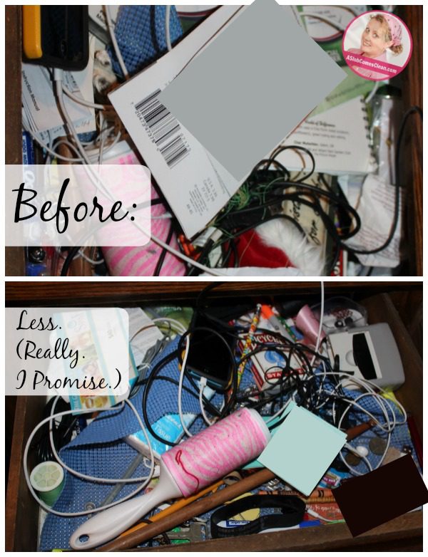 Before and After Pic of my Junk Drawer at ASlobComesClean.com