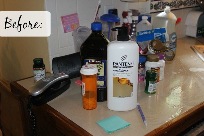 Before Photo of a Messy Kitchen Counter at ASlobCOmesClean.com