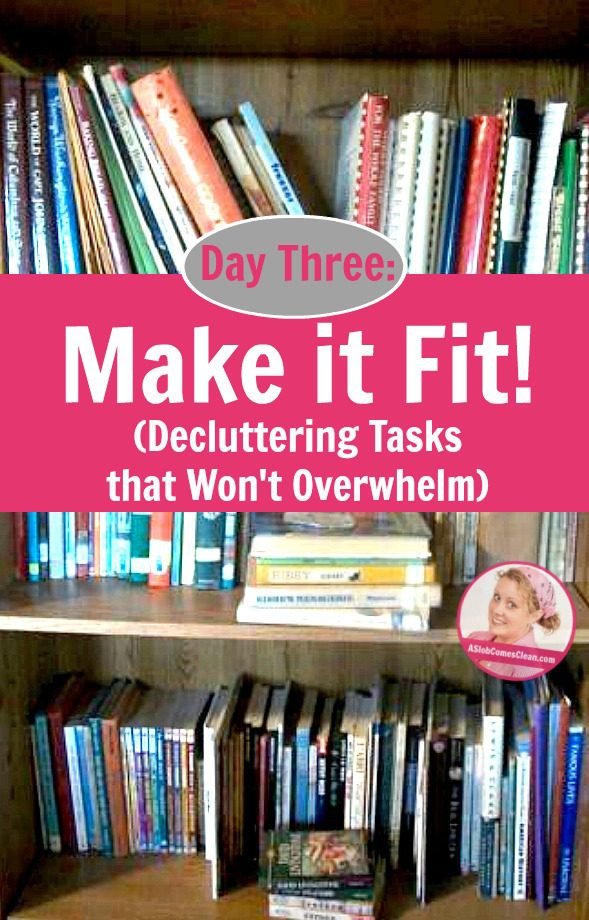 Day Three Make it Fit! (Decluttering Tasks that Won't Overwhelm) pin at ASlobComesClean.com