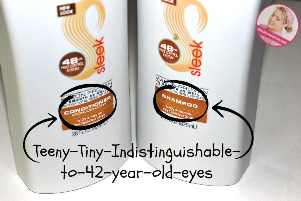 shampoo conditioner teeny tiny indistinguishable to 42 year old eyes at ASlobComesClean.com