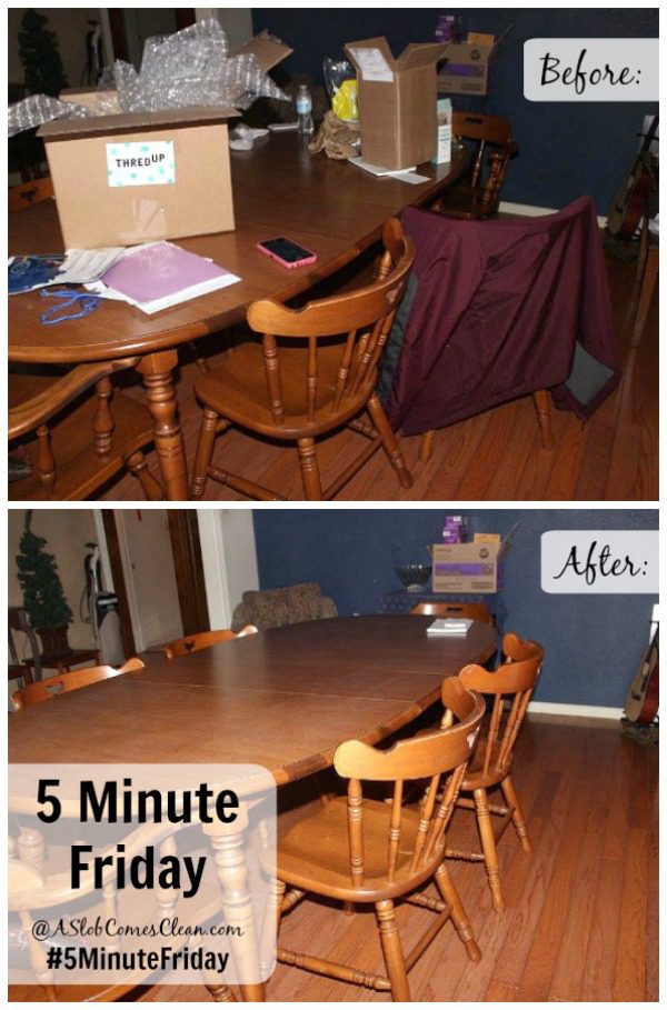 5 Minute Friday Before and After Clearing the Dining Room Table Declutter with #5MinuteFriday at ASlobComesClean.com