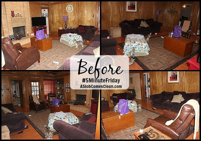 #5MinuteFriday Four Corners of the Living Room Before Five Minute Pick Up and Decluttering at ASlobComesClean.com