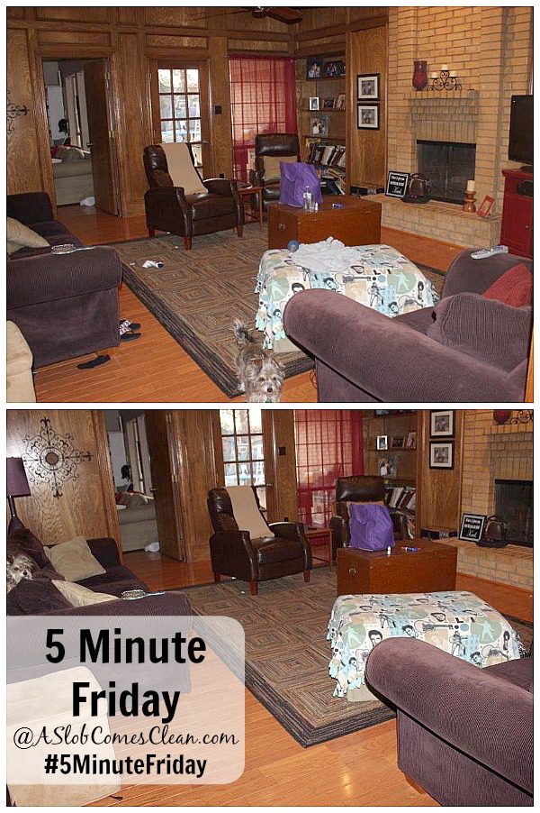 #5MinuteFriday Four Corners of the Living Room Five Minute Pick Up and Decluttering at ASlobComesClean.com pin