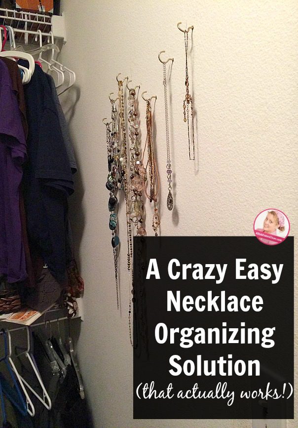 A Crazy Easy Necklace Organizing Solution (that actually works!) using hooks to hang jewelry at ASlobComesClean.com