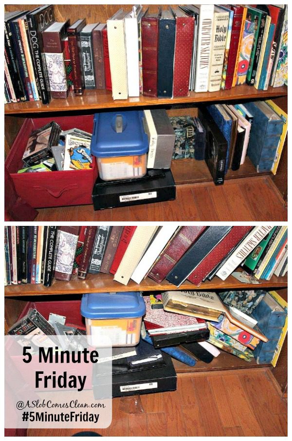 Bookshelf After Decluttering and Straightening #5MinuteFriday at ASlobComesClean.com