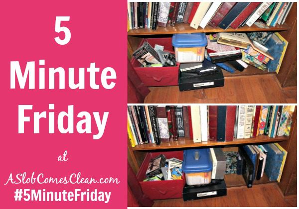 Straightening a Bookshelf Declutter Shelves #5MinuteFriday at ASlobComesClean.com