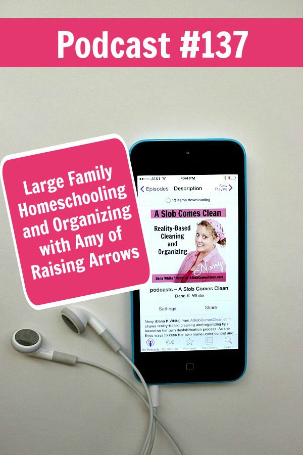 podcast 137 Large Family Homeschooling and Organizing interview with Amy of Raising Arrows at ASlobComesClean.com