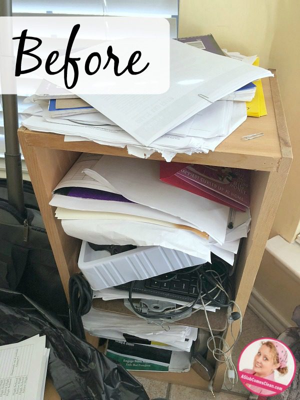 Declutter His Stuff Paper Piles Before at ASlobComesClean.com