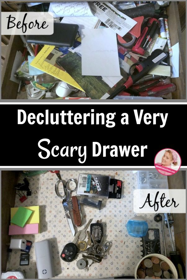 Decluttering a Very Scary Drawer Before and After at ASlobComesClean.com pin