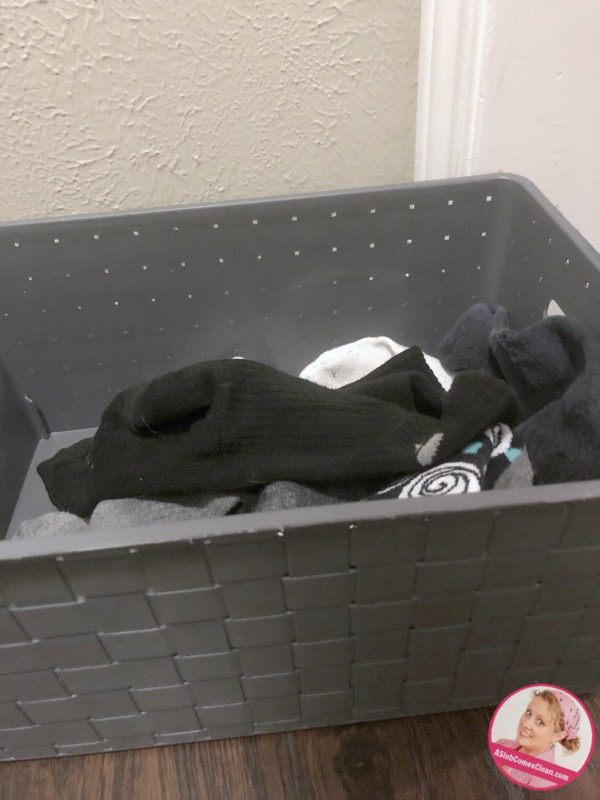 3 laundry tips sock bin at ASlobComesClean.com